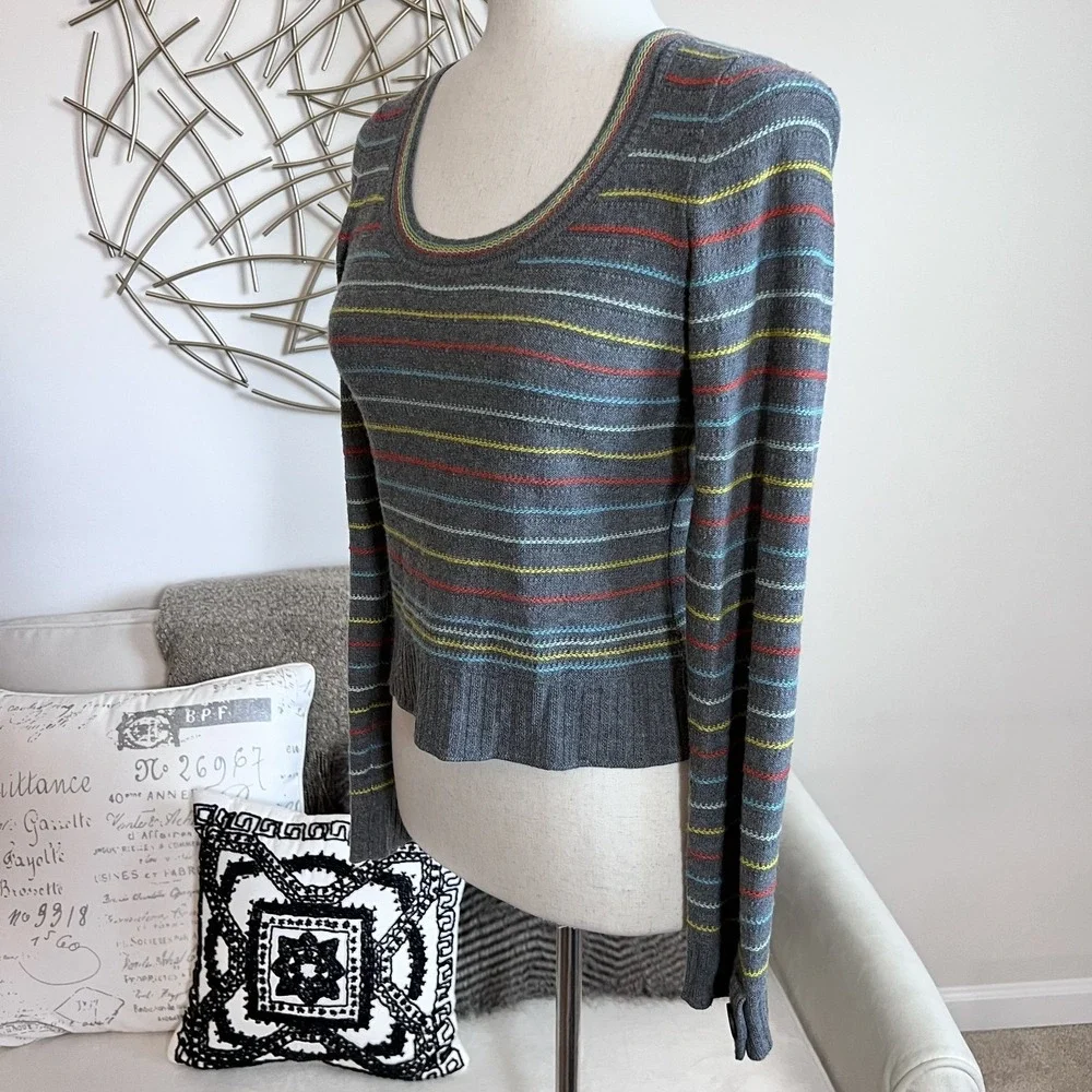 Anthropologie Sweater Womens Gray Striped Wool Cashmere Scoop Neck Pullover - Picture 4 of 9